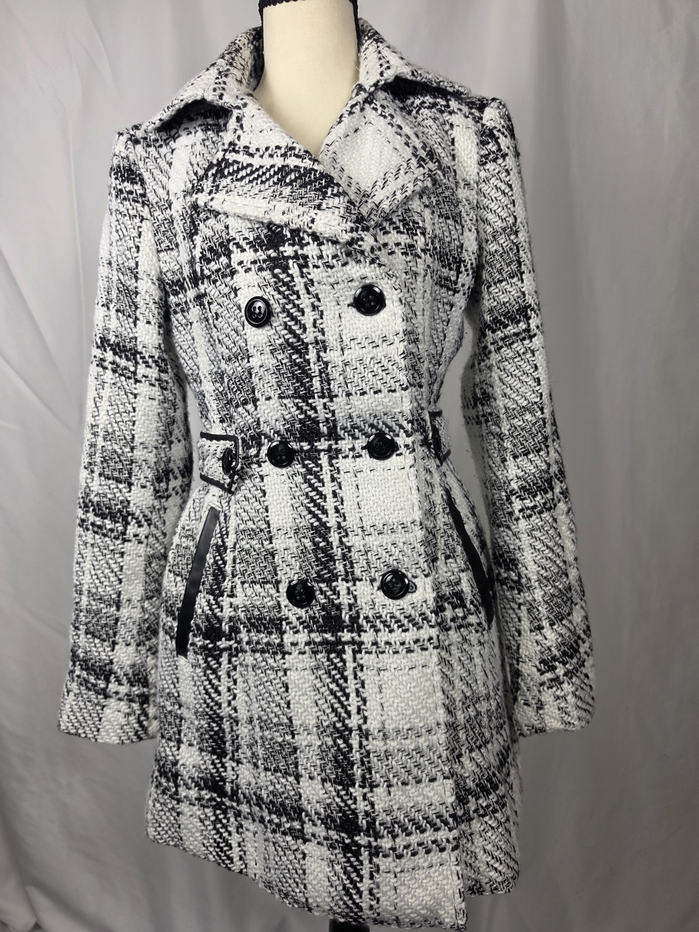 BCX Black White Plaid Double Breasted Trench Pea Coat Faux Leather Trim Size S
